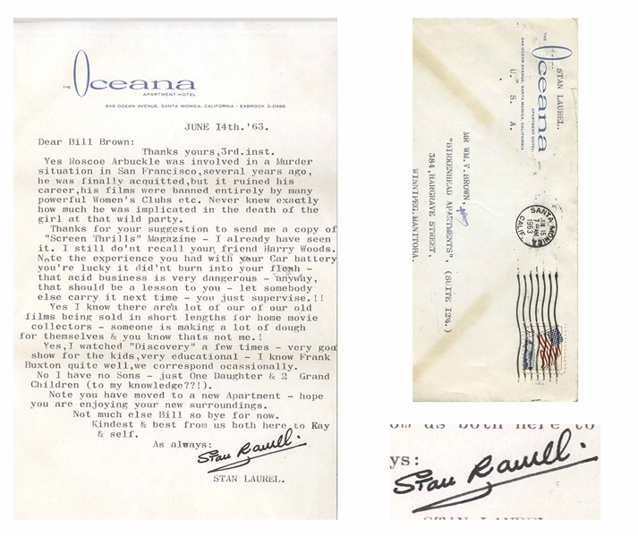 Stan Laurel Letter Signed From 1963 -- ''...Yes Roscoe Arbuckle was involved in a Murder situation in San Francisco...''